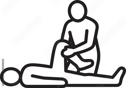 Simple line art icon of a physical therapist performing a leg stretching exercise on a patient lying down