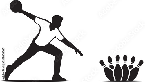 Minimalist silhouette of a bowling player throwing a ball towards pins on a light gray background