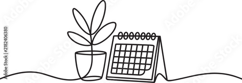 Minimalist continuous line drawing of a small potted houseplant next to a desktop calendar on a plain background