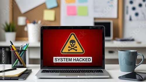 A Modern Office Laptop Displaying a Critical System Security Breach Alert Featuring a Warning Icon on a Minimalist Desk Workspace