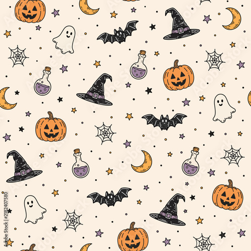 Flat Halloween Seamless Pattern – Pumpkin Ghost Bat Witch Hat Moon Potion and Spider Web on light beige Background