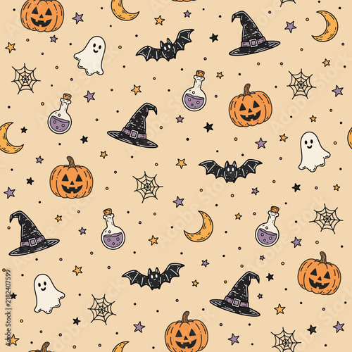 Flat Halloween Seamless Pattern – Cute Spooky Autumn Background with Pumpkin Ghost Bat Witch Hat Moon Potion and Spider Web