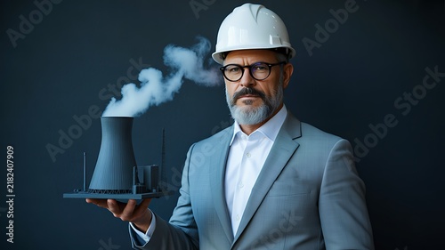 Industrial engineer standing near cooling tower and power plant equipment