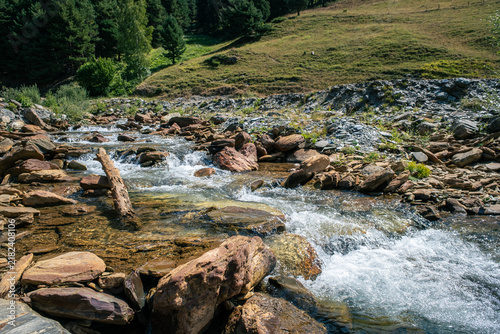 Senderismo por las montañas y valles del Valle de Aran en el Pririneo, caminando junto a un río alpino