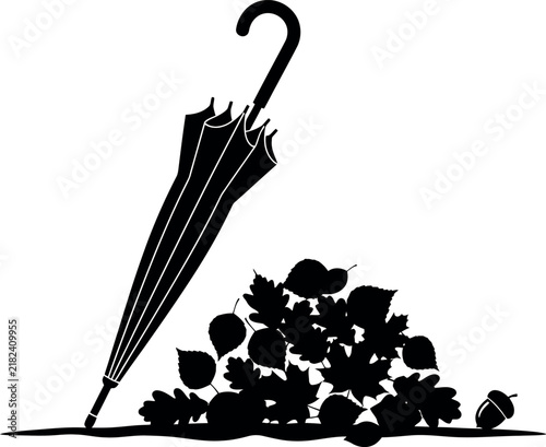 Closed umbrella and pile of autumn leaves