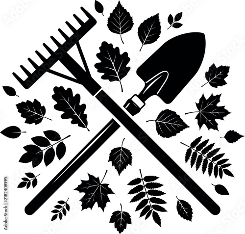 Rake and shovel crossed with autumn leaves silhouette pattern