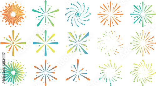 Colorful Firework Burst and Sparkler Vector Icon Set with Abstract Sunburst Celebratory Explosions for Festival Party and New Year Event Designs