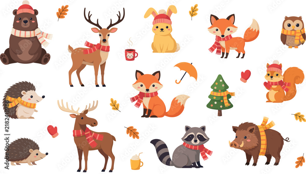 Obraz premium Cute autumn forest animals vector illustration set featuring deer fox bear raccoon and squirrel isolated on white background