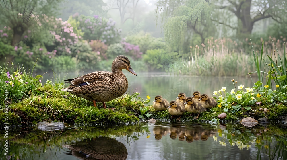 Fototapeta premium Duck and Ducklings Swimming on a Peaceful Lake with Natural Water Reflections in a Scenic Wildlife Pond Setting