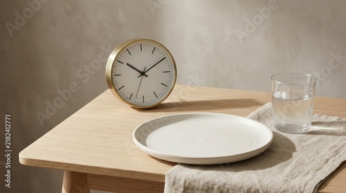 Obraz na płótnie Intermittent fasting table, empty plate, wellness routine and diet concept.