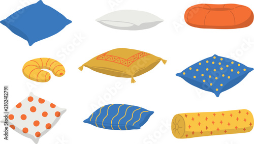 Bild auf Leinwand Pillow and cushion vector illustration set featuring colorful patterned throw pi