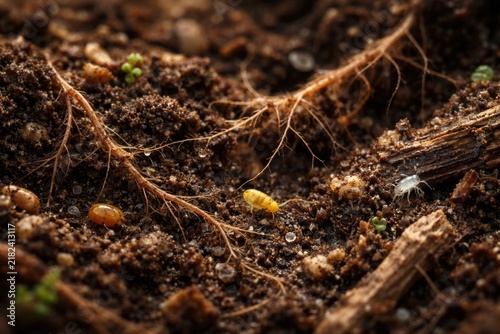 Detailed view of soil featuring roots, small insects, and organic debris, highlighting the complexity of the underground ecosystem