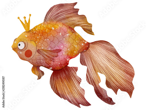 Whimsical hand-painted goldfish with a golden crown and flowing fins, featuring rich warm colors and textured details. Charming fantasy fish illustration isolated on white, perfect for kids and decor.