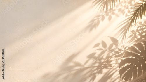 Minimalist palm leaf shadow on beige wall, tropical plant silhouette background, aesthetic sunlit plaster texture for product mockup