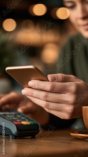 Person holding smartphone making contactless mobile payment at store counter, modern digital finance concept.