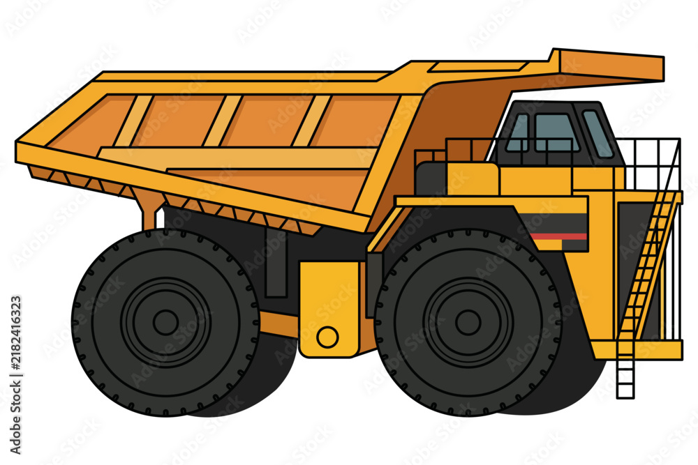 Fototapeta premium Yellow Mining Dump Truck Heavy Construction Equipment Vector Illustration Isolated on White Background