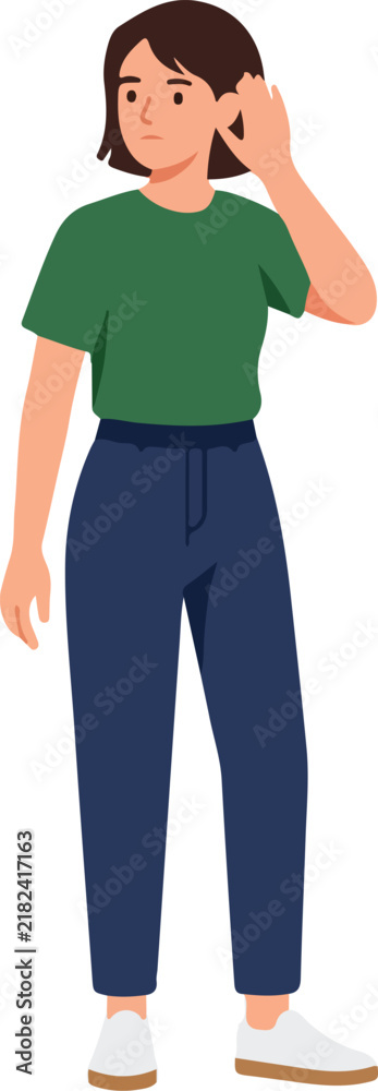 Fototapeta premium Young woman holding hand near ear trying to hear or listen carefully isolated vector illustration