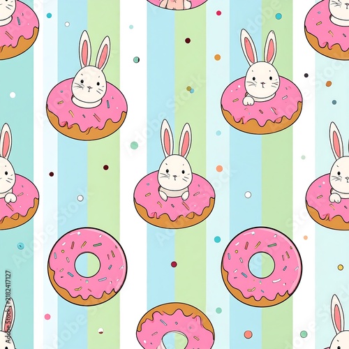 Sweet Bakery Bunny Pattern With Frosted Donut On Soft Striped Surface