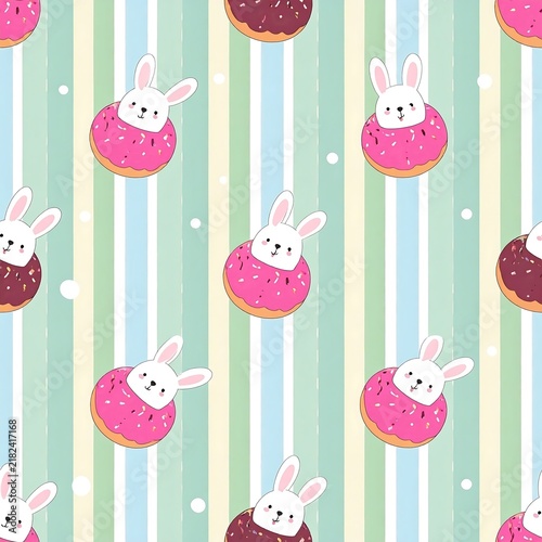 Sweet Bakery Bunny Pattern With Frosted Donut On Soft Striped Surface