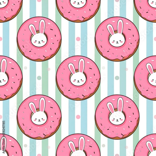 Sweet Bakery Bunny Pattern With Frosted Donut On Soft Striped Surface