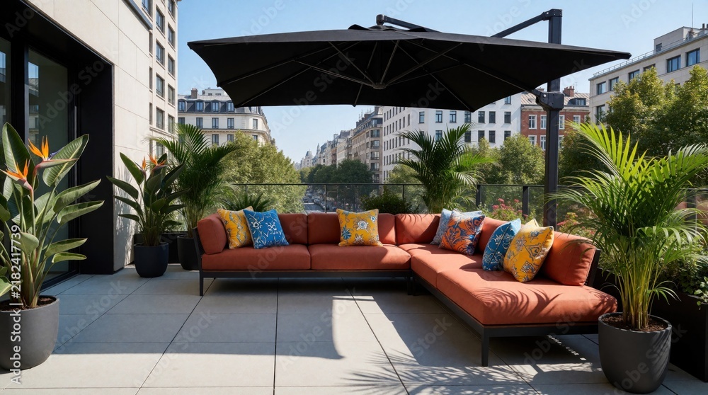 Obraz premium City balcony patio setup features terracotta sofa with bright cushions under large black parasol. Potted palm plants surround lounge area on sunny day.