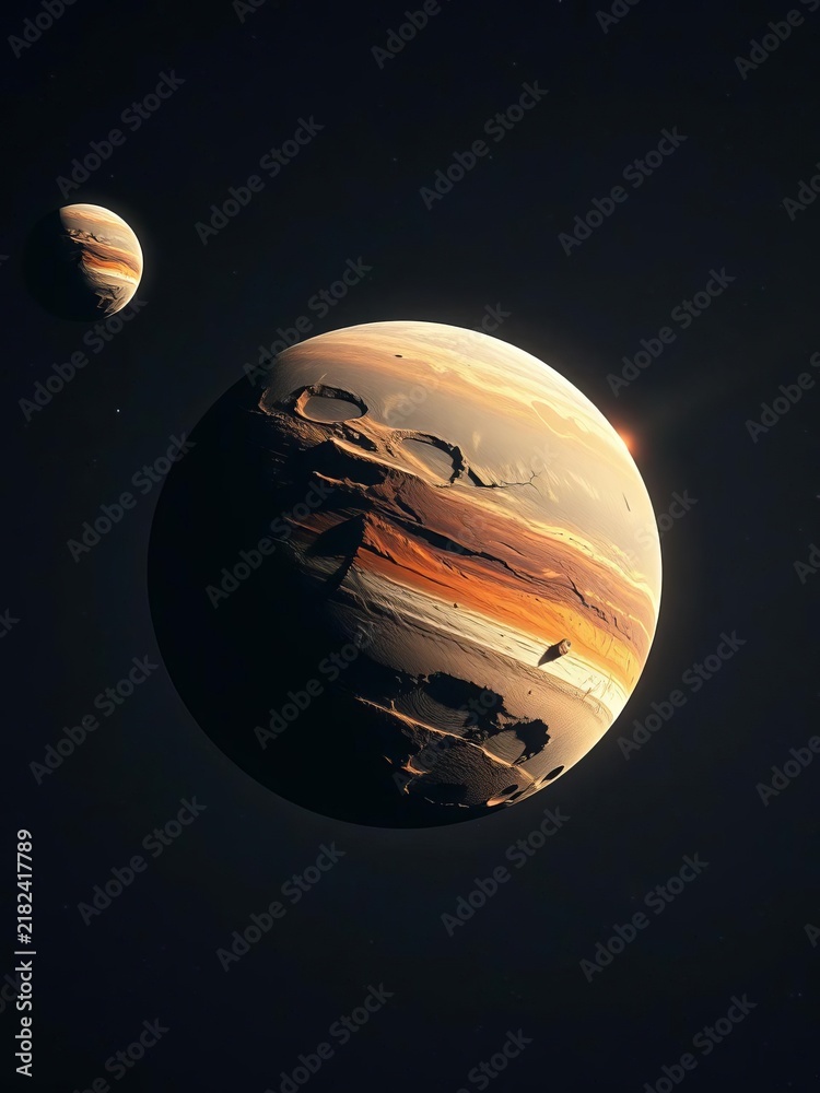 Fototapeta premium Two stylized planets floating in deep dark outer space