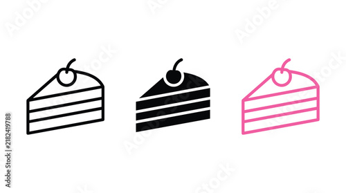 Delicious slice of cake with cherry topping illustrated in linear and solid black designs