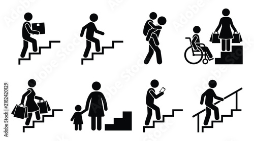 Collection of stick figure icons showing people using stairs in various daily life scenes