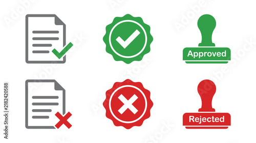 Set of approval and rejection signs with document icons and stamps for business validation