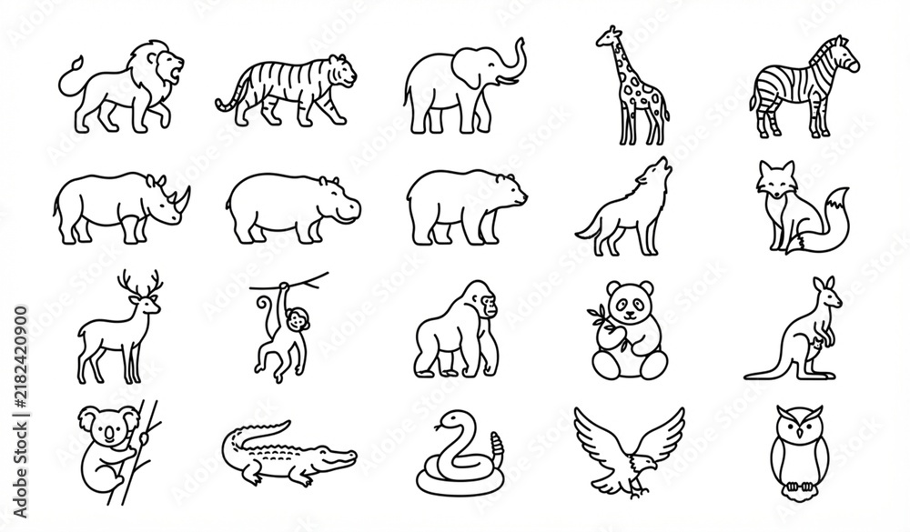 Obraz premium Simple Wild Animal Outline Line Drawing Icons Minimal Vector Set