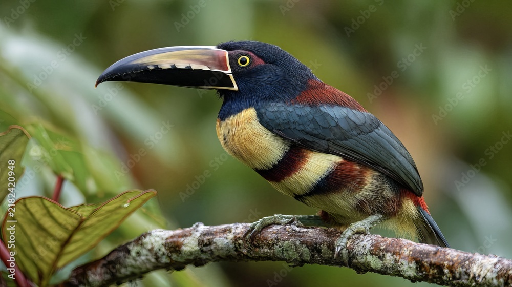 Obraz premium Vibrant keel-billed toucan perched on a branch amidst lush tropical foliage, showcasing nature’s beauty and wildlife conservation