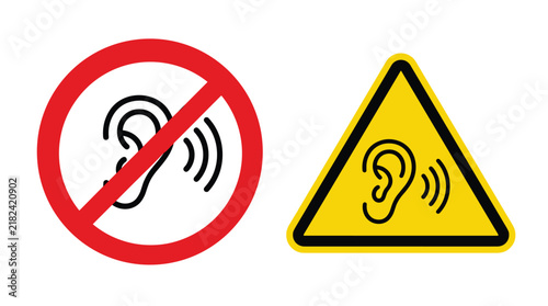 Hearing warning signs featuring ear symbols with prohibition and alert danger yellow icons