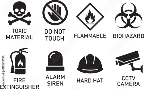 Collection of black and white industrial safety and hazard warning icons including toxic material, do not touch, flammable, biohazard, fire extinguisher, alarm siren, hard hat and CCTV camera. Clean m