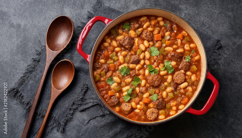 A cast iron pot filled with hearty bean stew containing chunks of sausage, carrots, and celery, garnished with fresh cilantro on a dark cloth