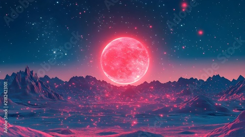 Pink Moon over Alien Landscape