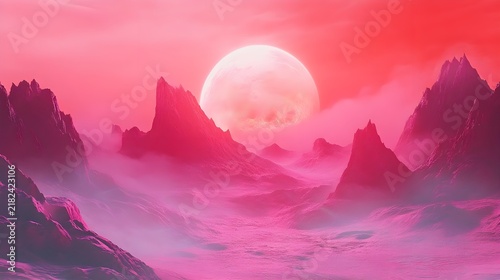 Pink Martian Landscape with Full Moon