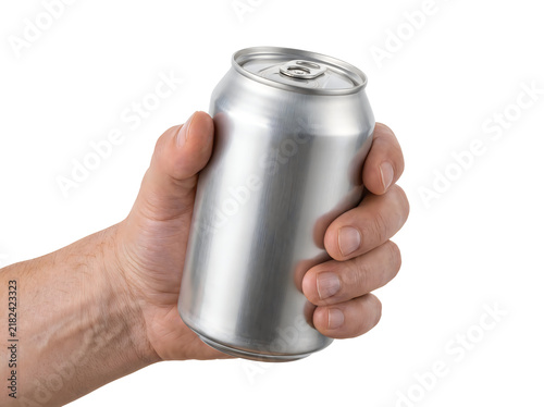 Hand holding a blank silver aluminum soda can for beverage branding mockup isolated on white.