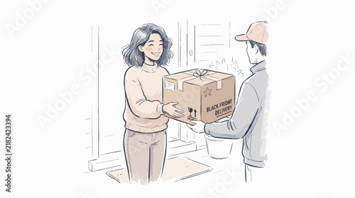 Courier Handing Black Friday Delivery Package to Happy Woman at Doorstep