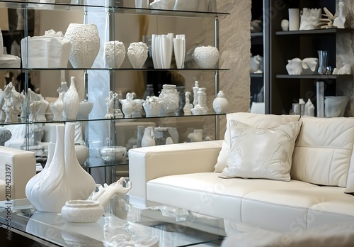Modern White Sofa with Decorative Porcelain Vases