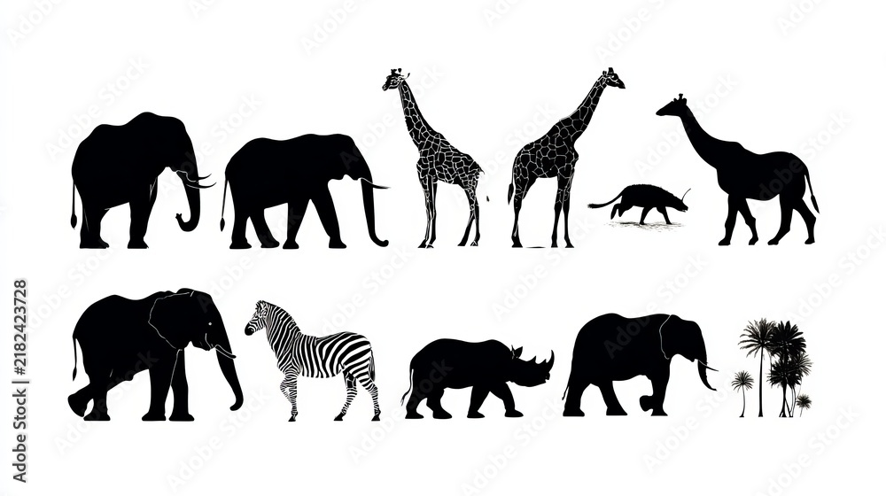 Fototapeta premium Silhouetted savanna animals including elephants, giraffes, zebras, and rhinoceroses, composing a wildlife concept on a white backdrop