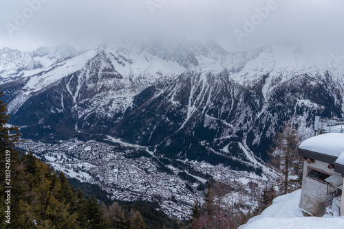Panoramic view of Chamonix valley with snow capped mountains in winter landscape setting
