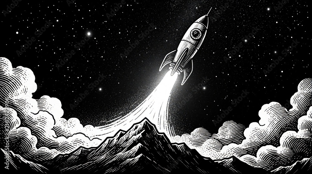 Fototapeta premium Retro rocket ship blasts off from mountain peak into starry night sky. Bold graphic style and dramatic plume suggest adventure and space travel innovation.
