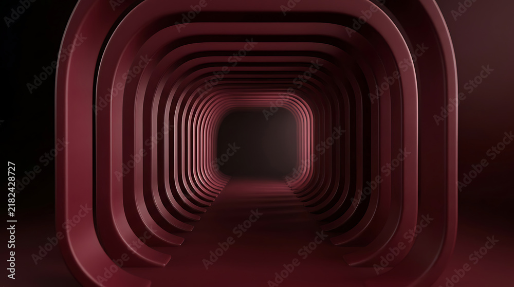Obraz premium Abstract burgundy tunnel with ribbed geometric layers and dark perspective depth