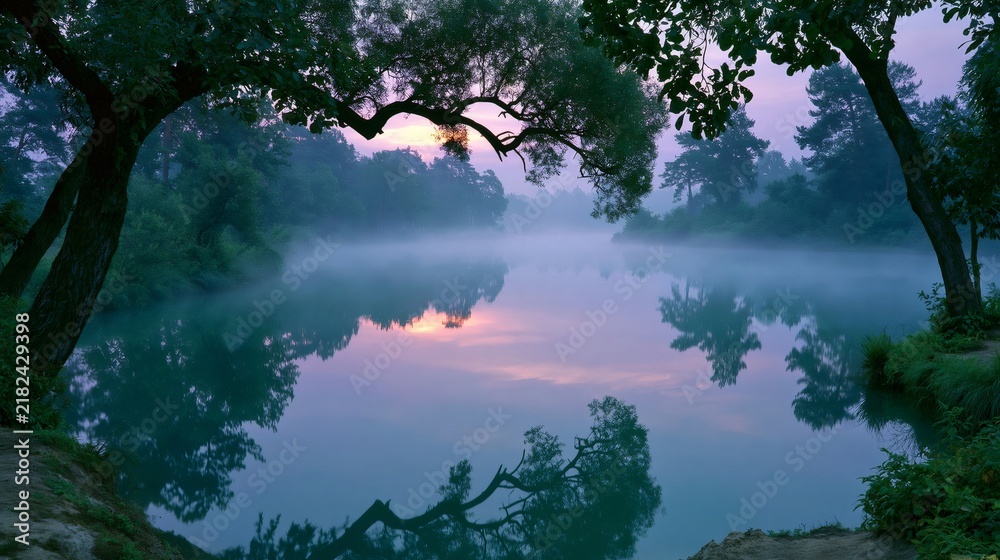 Fototapeta premium Foggy river with trees reflecting at sunset