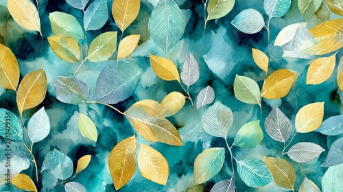 Golden and turquoise leaves intertwine gently against a blurred, watercolor-style backdrop, concept representing vibrant botanical design
