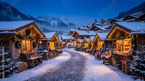 Snowy alpine village christmas market with glowing wooden huts