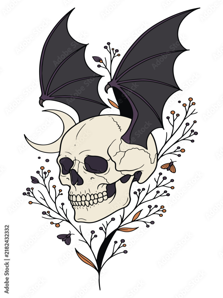 Fototapeta premium Human skull with bat wings