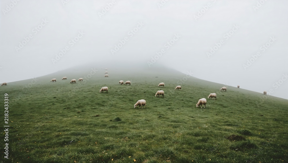 Obraz premium Flock of sheep grazing on a grassy green hillside during a thick and moody morning fog