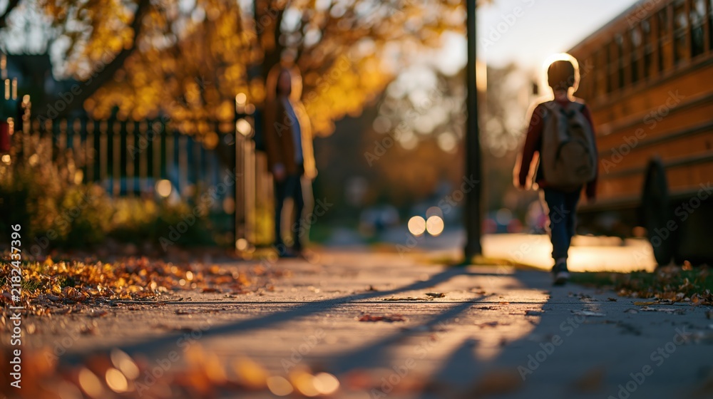 Obraz premium Child with backpack walking toward school bus as parent watches by gate in morning sunlight