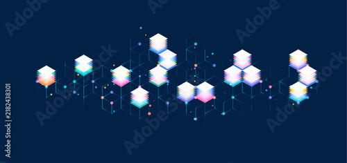 Technology background. Big data visualization concept. Information artificial neural network. Abstract geometric background with isometric. Digital cube isometric on blue background.
